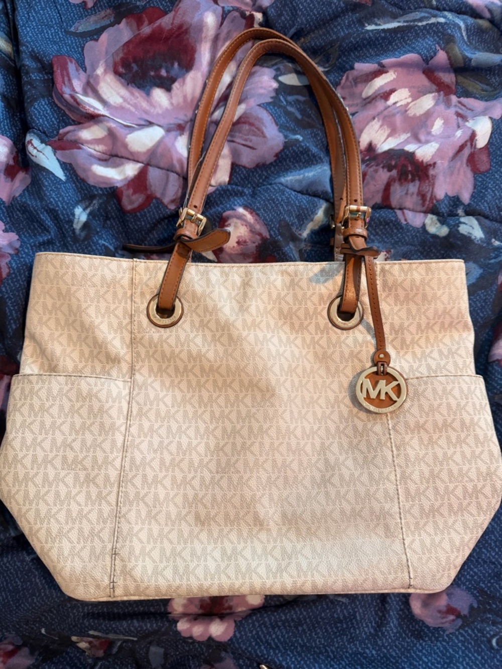 Michael Kors Beige MK Signature Tote with Tan Leather Handles